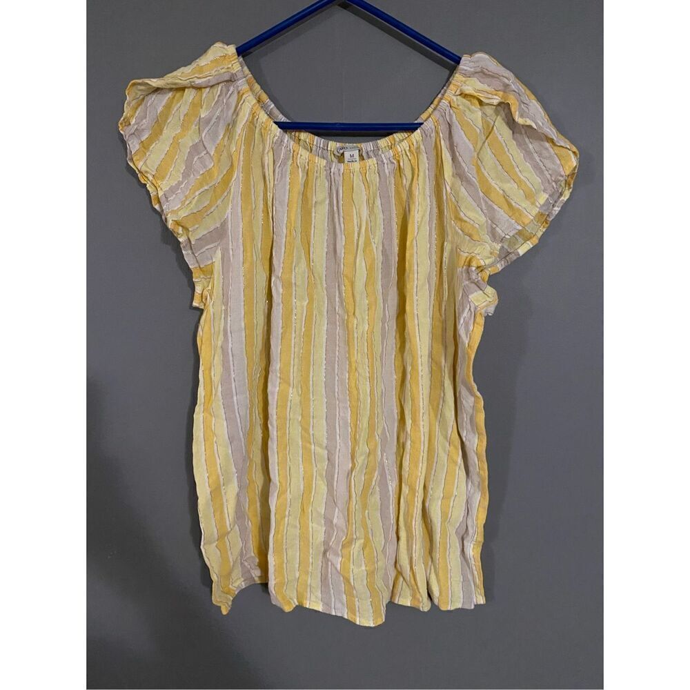 Cato Linen Yellow Striped Short Sleeve Top Size Medium